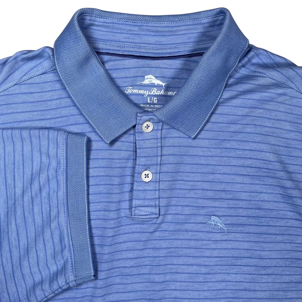 Tommy Bahama Polo Shirt Men Large Blue Striped Short Sleeve Cotton Blend Casual